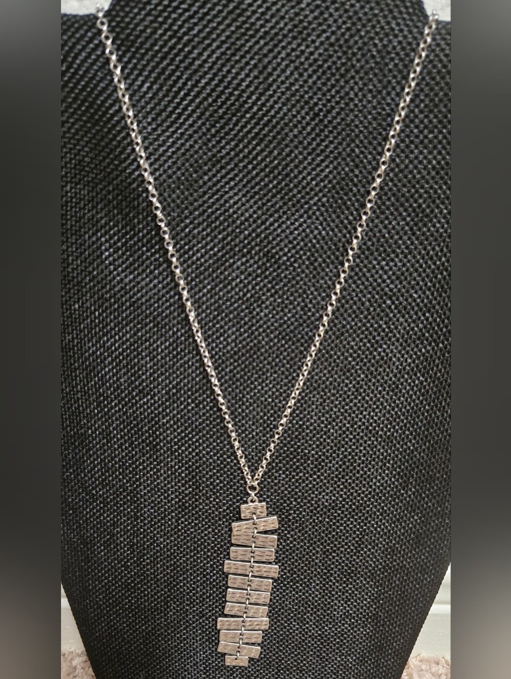 Silver Tone Hammered Rectangle Link Statement Pendant Necklace